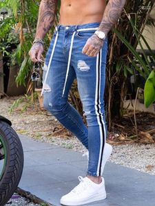 Heren jeans heren heren magere motorrijder vernietigde geverfde fit slanke gescheurde denim broek zijkant streep potlood hiphop street jogging1