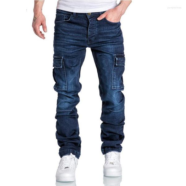 Jeans pour hommes Hommes Stretchy Regular Cargo Blue Multi-Pocket Denim Pants High Quality Hip Hop Casual 90s Y2k Trending PantsMen's