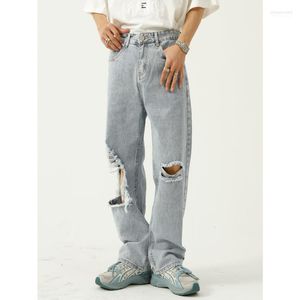 Jeans pour hommes hommes hommes 2022 été mode coréenne lâche grand trou conception décontracté hommes tendance bleu clair droit pour