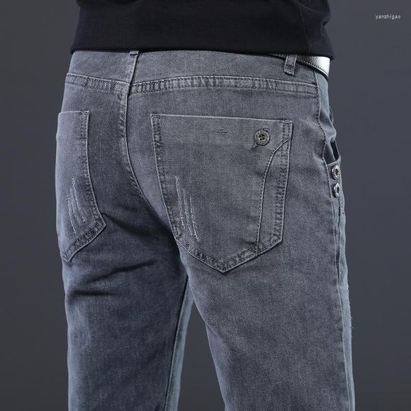 Pantalones vaqueros para hombre Bonito estilo coreano Hombres Gris Delgado Flaco Hombre Biker Scratch Diseñador Estiramiento Moda Pantalones casuales Lápices