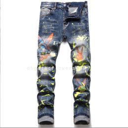 Jeans pour hommes peinture pour hommes brodé pentagram extensible slim fit pantalon crayon tous correspondant à un jean baggy noir