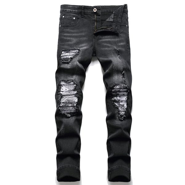Jeans pour hommes Paisley Bandana imprimé patch jeans vêtements de rue patchs trous de travail déchiré pantalon en denim élastique ultra-mince cyclistes droits 231129