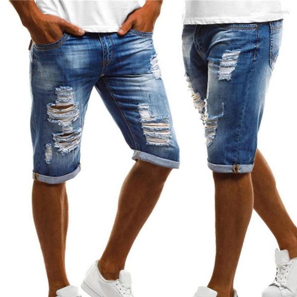 Jeans para hombres Hombres Sexy Hole Pantalones Casual Plus Tamaño Vintage Verano Hombres Ripped Turn Up Cuff Quinto Denim Shorts Alta Calidad