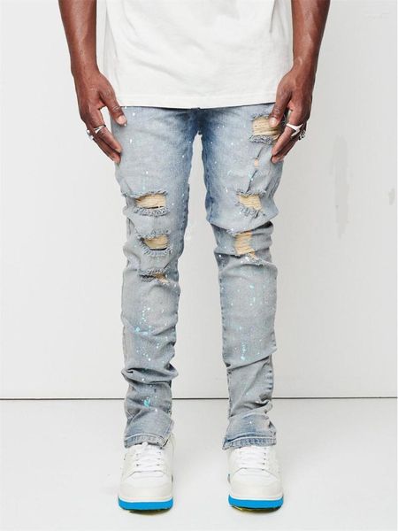 Jeans pour hommes Slit latéral Zipper Peinture pour hommes Slim Fit Coton Ripped Denim Pantalon High Street Mode Genou Abrasion Bleu Jean