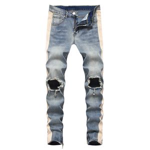 Jeans pour hommes Side Stripe Big Holes Ripped Jeans Streetwear Cheville Zipper Slim Skinny Stretch Denim Crayon Pantalon Pantalon Bleu Bla Z0315