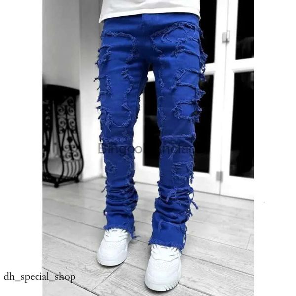 Jeans para hombres Jeans flacos para hombres Finge Hip-Hop Edge Patch elástico Punk Rock Long Fit Jeans apilados Pantalones de mezclilla Blue Pink 326