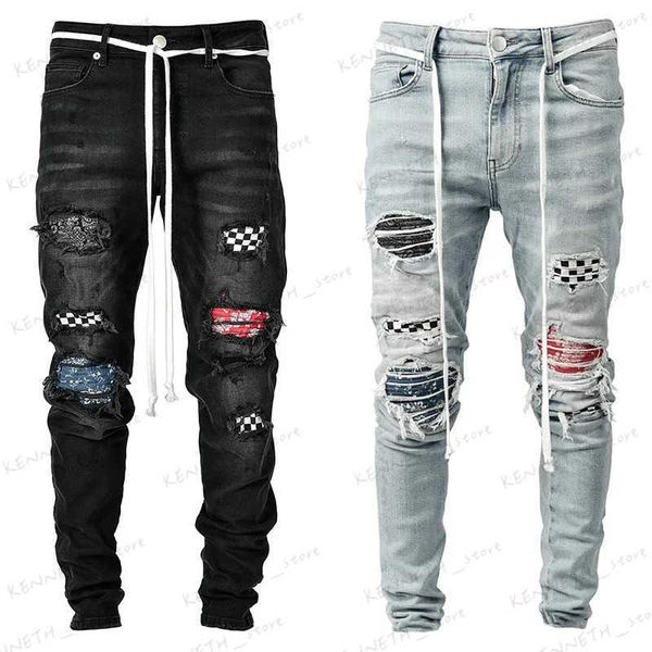 Jeans pour hommes Jeans déchirés pour hommes Mode Plaid Mendiant Patch Slim Fit Stretch Casual Denim Crayon Pantalon Pantalon de jogging Hommes T240126