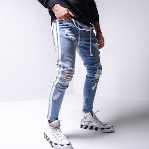 Jeans pour hommes Jeans skinny déchirés pour hommes Pantalons pour hommes Crayon Biker Jeans à rayures latérales Trou détruit Hip Hop Slim Fit Homme Stretchy Jean Print 230503