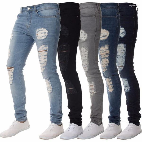 Pantalones vaqueros para hombre, pantalones ajustados para hombre, pantalones para hombre, moda informal, lápiz de motorista rasgado, cintura media, estiramiento Sexy para hombres