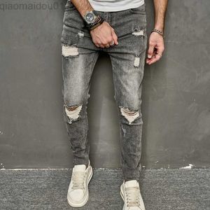 Jeans pour hommes Jeans skinny stretch gris fumé pour hommes Mode Trou déchiré Vintage Bords bruts Hip Hop Denim Pantalons Jeunes Streetwear Pantalons L230724