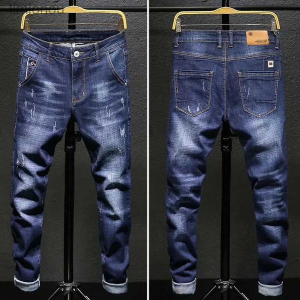 Men's Jeans Vaqueros ajustados elásticos para hombre, Vaqueros ajustados de color azul oscuro para hombre, pantalones vaqueros Retro informales, ropa de calle de estilo coreano, pantalones de marca para hombre L240119