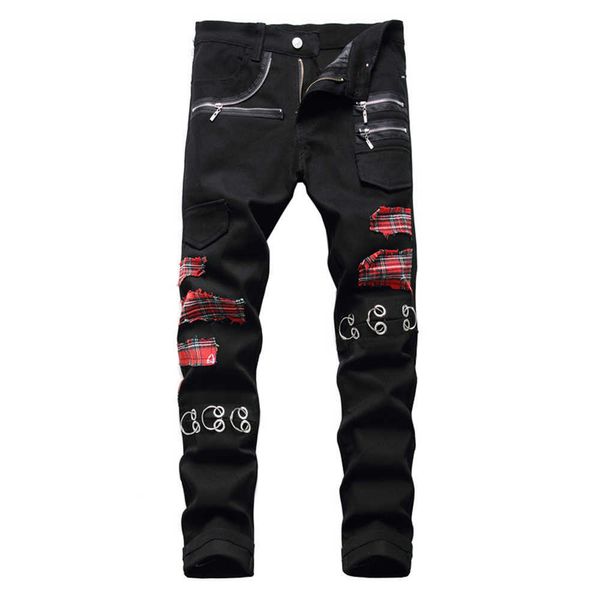 Jeans pour hommes Tatar Scottish Plain Patch Work Denim Jeans Punk Rock Zipper Rivet Pantalon noir Mode Pantalon droit ultra mince P230522