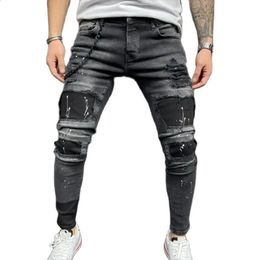 Jeans pour hommes Jeans serrés pour hommes cycliste haute qualité noir pantalon crayon serré moto fermeture éclair jeans pantalon hip hop 231109