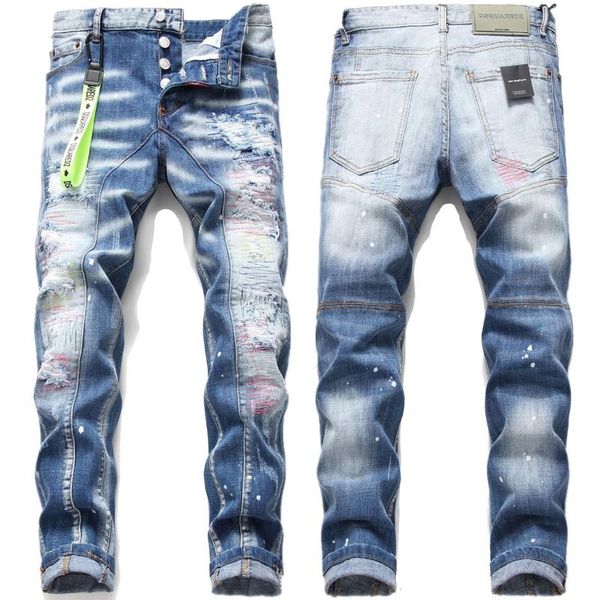 Jeans pour hommes Coupe ajustée avec trous et patch Peinture élastique Splash Blue Couture Pantalon de mendiant pour hommes