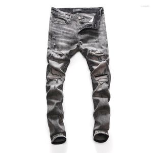 Heren jeans heren tracksuits luxe gescheurde gat grijze denim mannen slanke rechte casual vintrage pantalon moto homme solide streetwear