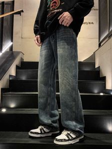 Jeans pour hommes Jeans de couleur Pure à la mode pour hommes lavage américain faire vieux rétro ample large pin couleur Pure pantalons décontractés rue vêtements pour hommes Z0225