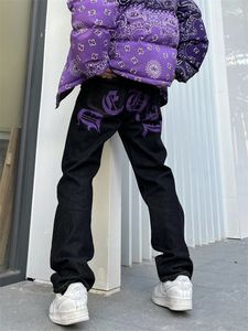 Jeans para hombres Y2k Jeans para hombres Flores de anacardo Púrpura Streetwear Pantalones casuales Punk Hip Hop Estampado de letras Baggy Harajuku Pantalones de mezclilla rectos 230425