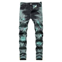 Jeans voor heren Y2K Tie and Dye denim jeans voor heren, streetwear gaten gescheurde rechte broek zwart groene broek 230727