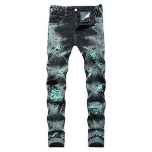 Jeans pour hommes Y2K Tie and Dye Denim Jeans Streetwear trous déchiré pantalon droit noir vert pantalon 230727