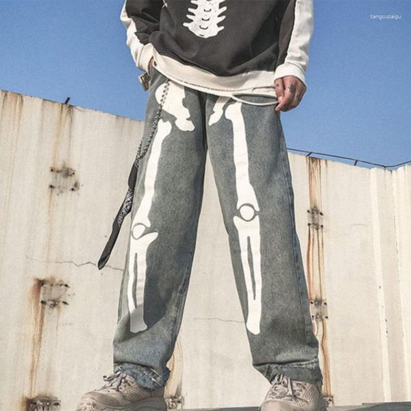 Jeans pour hommes Hommes Squelette surdimensionné Pantalon noir droit 2024 Denim Mens Streetwear Hip Hop Harem High Wasit