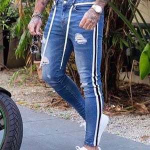Heren jeans heren magere motorrijder vernietigde geverfde fit spit denim gescheurde zijkant streep potloodbroek hiphop streetwear s 3XL 230816
