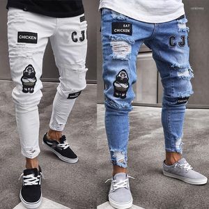 Heren jeans heren magere hiphop blauw mode borduurwerk afgebeurd gat denim potlood broek man slanke hoge taille bedroefd wit wit