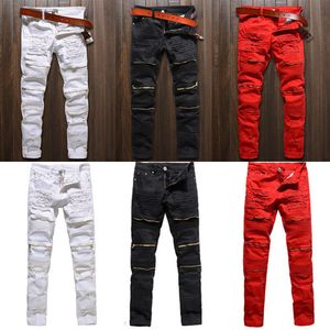 Heren jeans mannen magere stretch denim gescheurde broek verontrusten Freyed slanke fit vernietigd zwart wit rood 230211