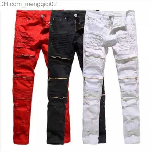 Pantalones vaqueros para hombre Pantalones vaqueros pitillo elásticos de mezclilla rasgados Pantalón desgastado Ripped Freyed Slim Fit Jeans Pantalones rotos destruidos Black White Red Jeans Z230711