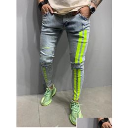 Hommes Jeans Hommes Skinny Rayé Zipper Denim Hole Wash Vintage Hip Hop Pantalon De Travail Slim Imprimé Européen Grande Taille Vêtements Drop Del Dhunf