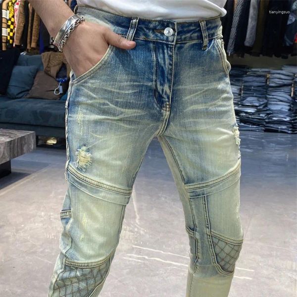 Jeans para hombres Hombres Flaco Pantalón Streetwear Agujero Empalme Estiramiento Azul Slim Elástico Moda Pantalón Jean Top Calidad Motocicleta Denim