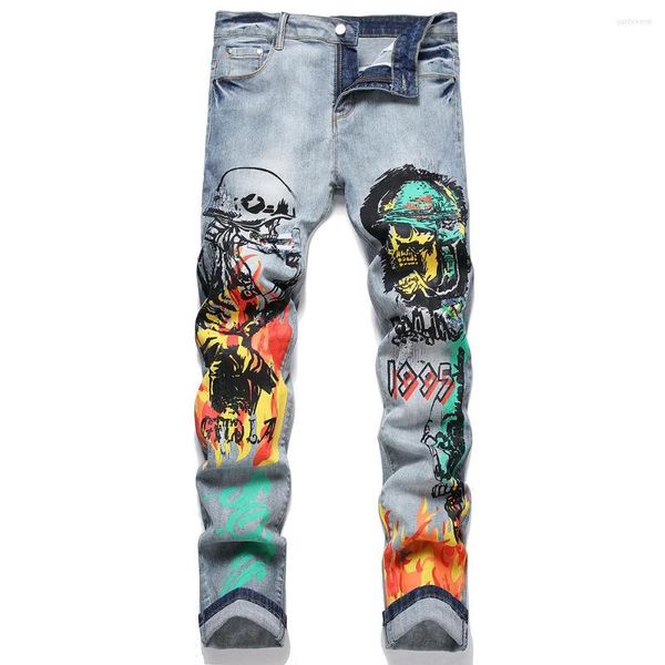 Hommes Jeans Hommes Crâne Diable Flamme Imprimer Punk Graffiti Peint Stretch Denim Pantalon Trous Déchiré En Détresse Mince Droite Pantalon