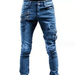 Jeans pour hommes Hommes Slim Biker Ripped Long Denim Pantalon Skinny Poche Sangles latérales Fermetures à glissière Pantalon de jogging Homme Détruit Extensible