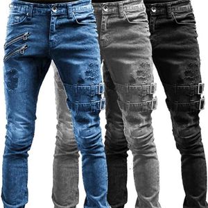 Jeans pour hommes Hommes Slim Biker Ripped Long Denim Pantalon Skinny Jeans Poche Sangles Latérales et Zips Pantalon de Jogging Homme Pantalon Extensible Détruit T240205