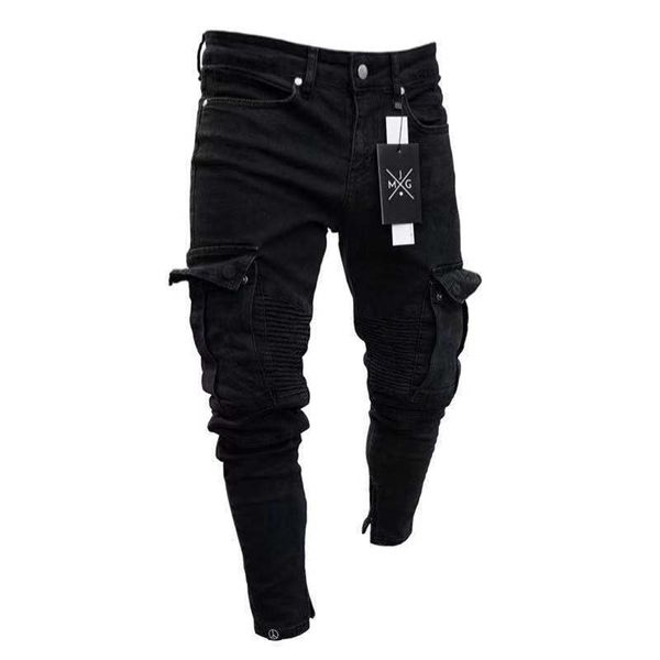 Jeans pour hommes Hommes Slim Biker Ripped Long Denim Pantalon Skinny poche Jeune homme Pantalon de jogging détruit extensible noir 220919
