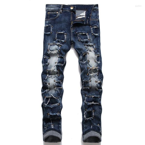 Hommes Jeans Hommes Slim Fit Hip Hop Biker Patchwork Déchiré Denim Pantalon Long Pantalon Punk Rivet En Détresse Trou Streetwear Vêtements
