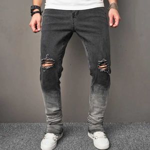 Heren jeans mannen slanke spijkerbroek stijlvolle gradiënt kleurgaten mannelijke noodlijdende stretch micro wijd uitlopende denim broek y240507