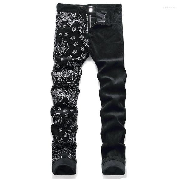 Hommes Jeans Hommes Slim Fit Imprimé Pantalon En Velours Côtelé Motif Floral Casual Noir Long Pantalon Hombre Patchwork De Luxe Hip Hop Streetwear