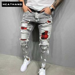 Heren jeans mannen slanke fit gescheurde mannelijke jeans geschilderde mode patch bedelaar broek jumbo heren potlood hiphop druppel l230520