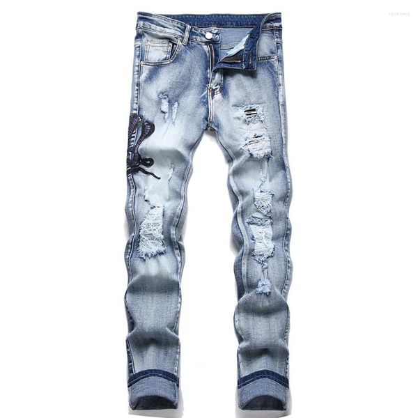 Jeans pour hommes Hommes Snake Broderie Trous Ripped Blue Stretch Denim Pantalon Slim Pantalon effilé