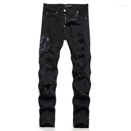 Jeans para hombres Hombres Serpiente Bordado Streetwear Black Stretch Denim Pantalones Agujeros Ripped Distressed Slim Pantalones rectos