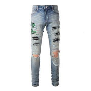 Jeans pour hommes Hommes Snake Broderie Streetwear Cuir Patch Stretch Denim Skinny Pantalon Trous Ripped Distreesed Crayon Pantalon 230131
