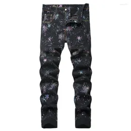 Jeans pour hommes hommes flocon de neige étoiles imprimer mode néon couleur peint noir denim pantalon slim droit stretch pantalon