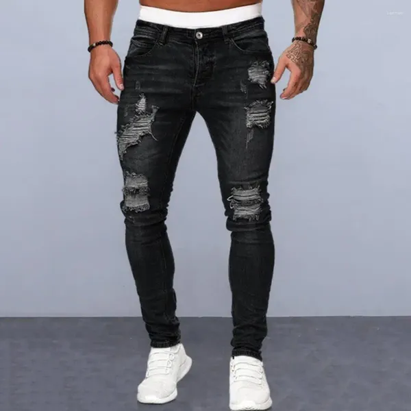 Jeans masculin hommes hâle de fermeture à zip à zip élégant déchiré avec un tissu respirant mince pour le hip hop