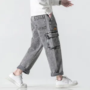 Jeans pour hommes hommes jambe droite élégant pantalon en denim d'été avec ceinture élastique plusieurs poches design large pour décontracté
