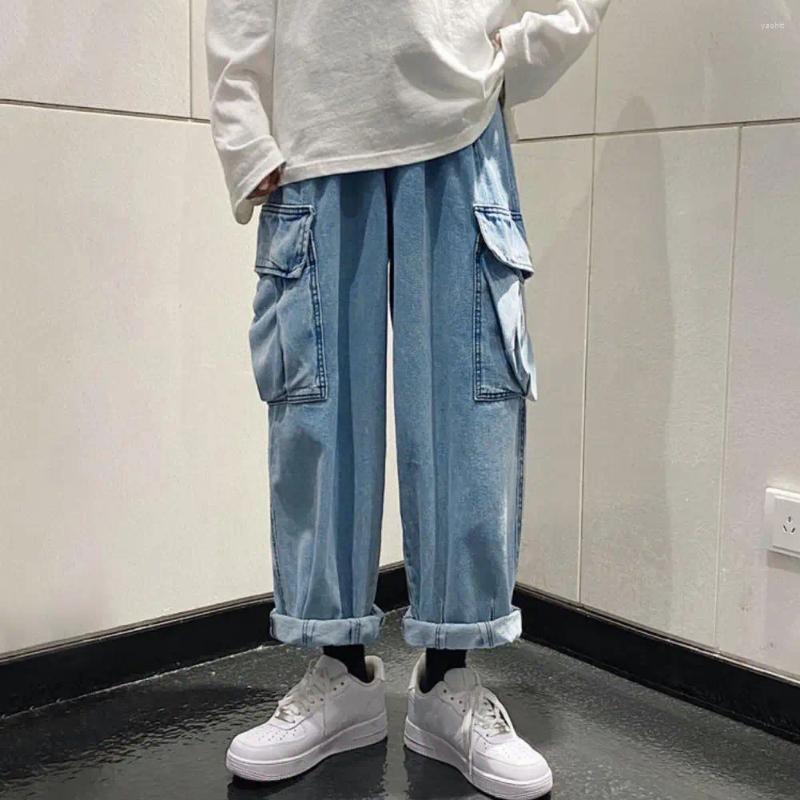 Men's Jeans Men Straight-legged Summer Cargo Retro Loose Fit Denim Trousers With Multi Pockets For Wide Leg