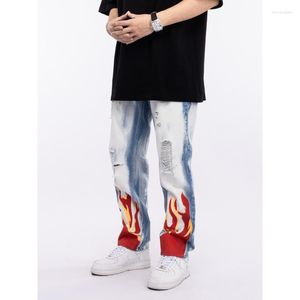 Jeans pour hommes hommes rue Hip Hop flamme imprimé lavé jambe large pantalon droit Style ample déchiré à la mode pantalon Streetwear