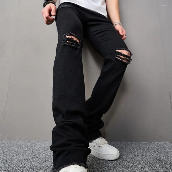 Jeans pour hommes Hommes Streetwear Mode Genou Trous Slim Hip Hop Déchiré En détresse Solide Mâle Denim Flare Pantalon