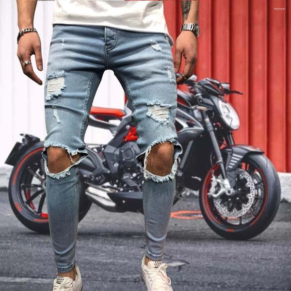 Jeans pour hommes Hommes Streetwear Genou Ripped Skinny Hip Hop Mode Estroyed Crayon Pantalon Solide Couleur Mâle Stretch Casual Denim Big Pantalon