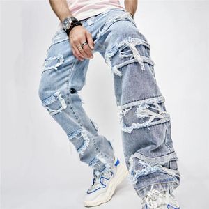 Jeans pour hommes Hommes Streetwear Patchwork Cool Stacked Fringe High Street Denim Pantalon Punk Hip Hops Vintage Bleu Gothique Pantalon Large Jambe