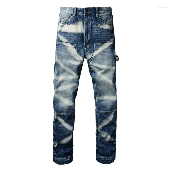 Jeans para hombres Hombres Streetwear Bolsillos Cargo Denim Vintage Blue Bleach Pantalones Botones inferiores Pantalones rectos sueltos